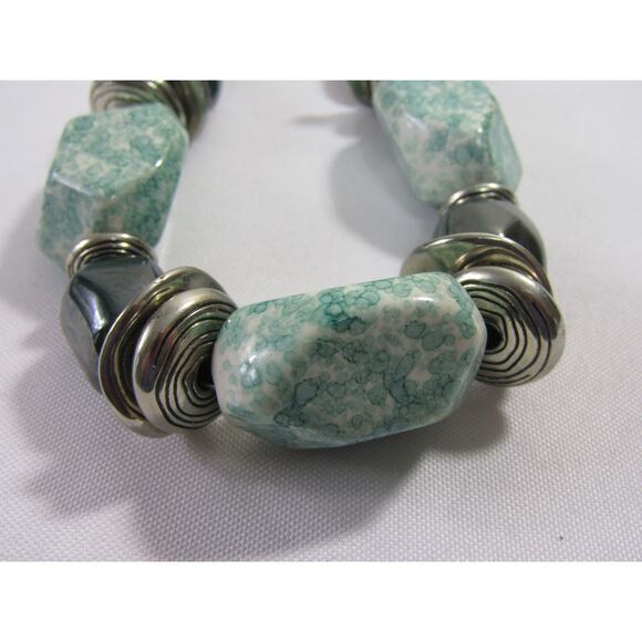 Green Silver Tone Chunky Agate Stone Collar Necklace VTG 12" Whimsical Choker - Picture 6 of 8